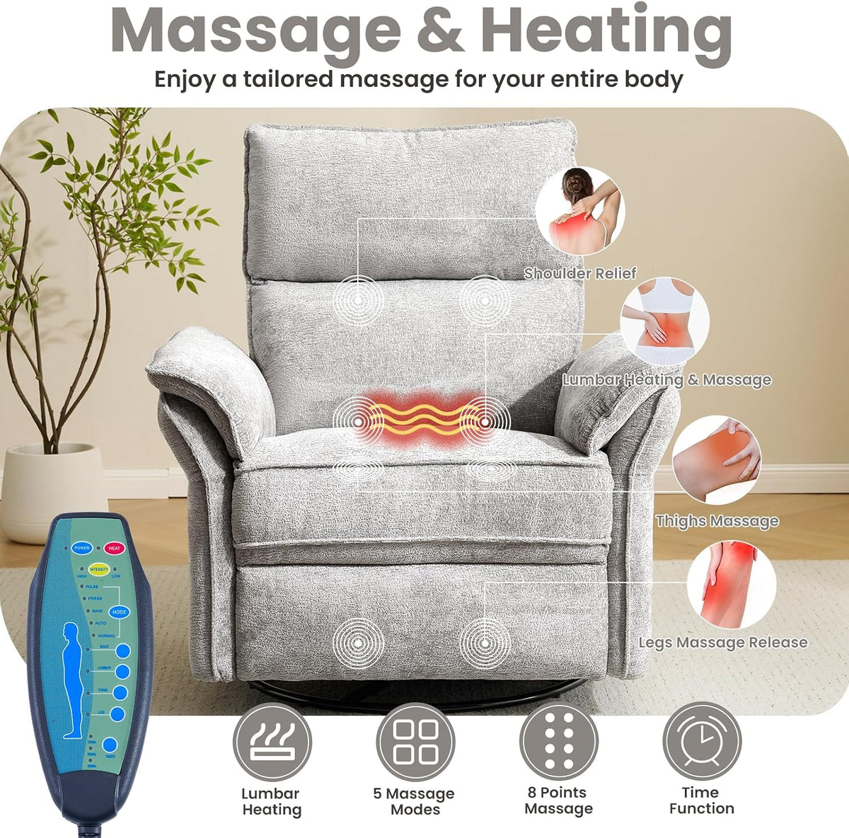 Oversized Swivel Rocker Recliner with Adjustable Headrest, Rocking Chair Nursery with Overstuffed Armrest, Manual Rocker Recliner Nursery Chair for Living Room, White