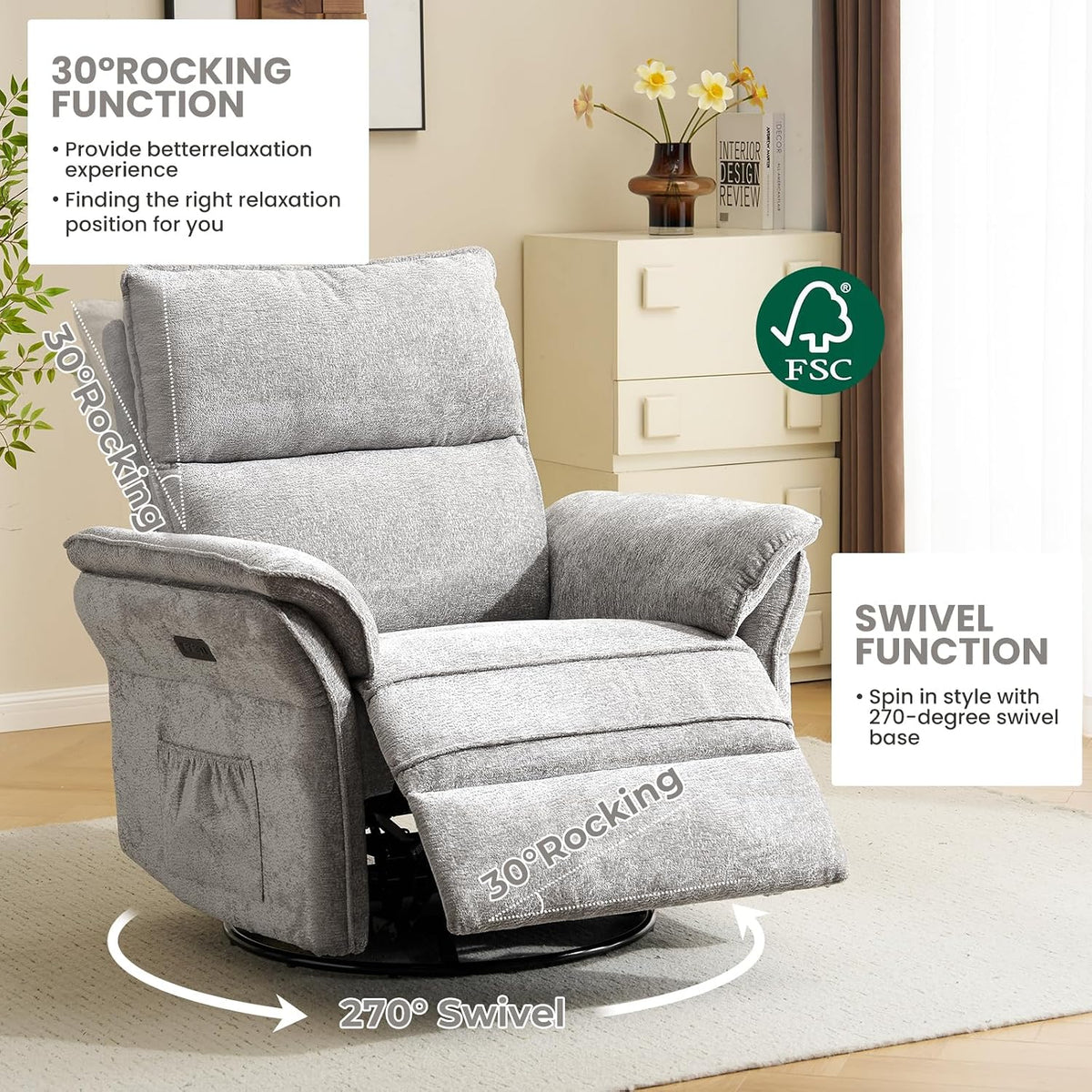Oversized Swivel Rocker Recliner with Adjustable Headrest, Rocking Chair Nursery with Overstuffed Armrest, Manual Rocker Recliner Nursery Chair for Living Room, White