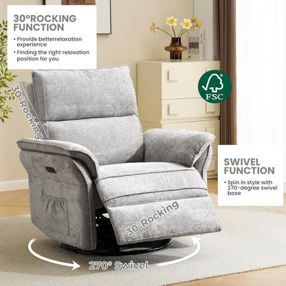 Oversized Swivel Rocker Recliner with Adjustable Headrest, Rocking Chair Nursery with Overstuffed Armrest, Manual Rocker Recliner Nursery Chair for Living Room, White