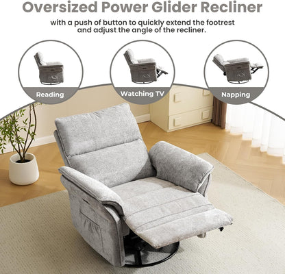 Oversized Swivel Rocker Recliner with Adjustable Headrest, Rocking Chair Nursery with Overstuffed Armrest, Manual Rocker Recliner Nursery Chair for Living Room, White