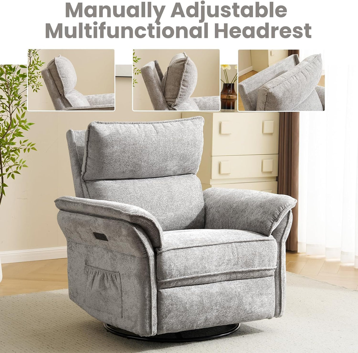 Oversized Swivel Rocker Recliner with Adjustable Headrest, Rocking Chair Nursery with Overstuffed Armrest, Manual Rocker Recliner Nursery Chair for Living Room, White
