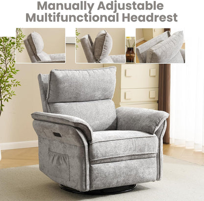 Oversized Swivel Rocker Recliner with Adjustable Headrest, Rocking Chair Nursery with Overstuffed Armrest, Manual Rocker Recliner Nursery Chair for Living Room, White