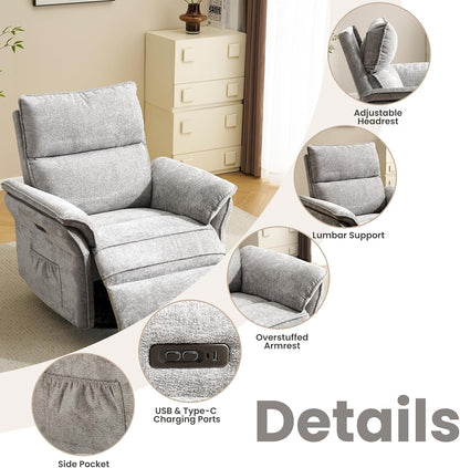 Oversized Swivel Rocker Recliner with Adjustable Headrest, Rocking Chair Nursery with Overstuffed Armrest, Manual Rocker Recliner Nursery Chair for Living Room, White