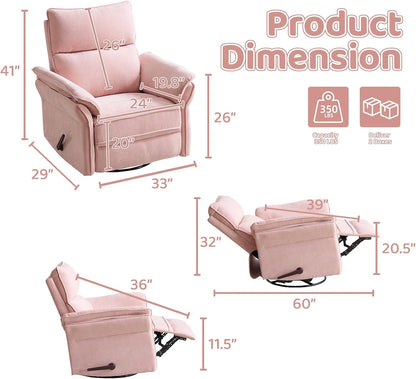 Oversized Swivel Rocker Recliner with Adjustable Headrest, Rocking Chair Nursery with Overstuffed Armrest, Manual Rocker Recliner Nursery Chair for Living Room, White