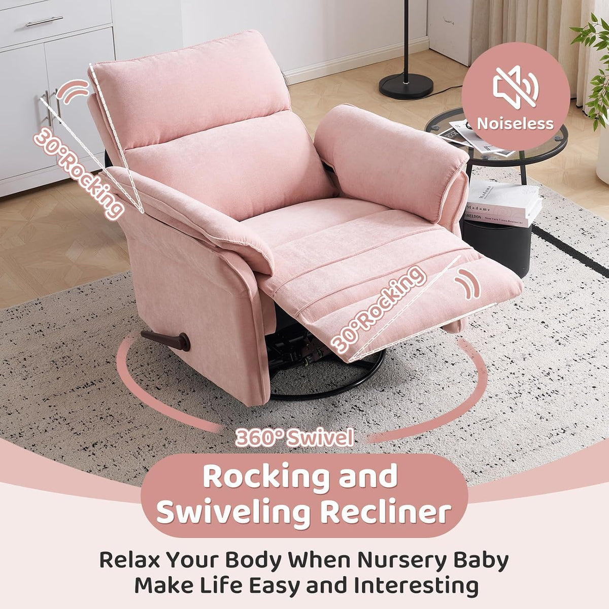 Oversized Swivel Rocker Recliner with Adjustable Headrest, Rocking Chair Nursery with Overstuffed Armrest, Manual Rocker Recliner Nursery Chair for Living Room, White