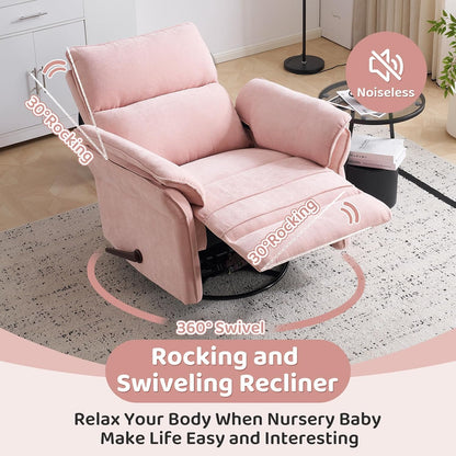 Oversized Swivel Rocker Recliner with Adjustable Headrest, Rocking Chair Nursery with Overstuffed Armrest, Manual Rocker Recliner Nursery Chair for Living Room, White