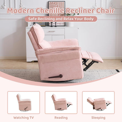 Oversized Swivel Rocker Recliner with Adjustable Headrest, Rocking Chair Nursery with Overstuffed Armrest, Manual Rocker Recliner Nursery Chair for Living Room, White