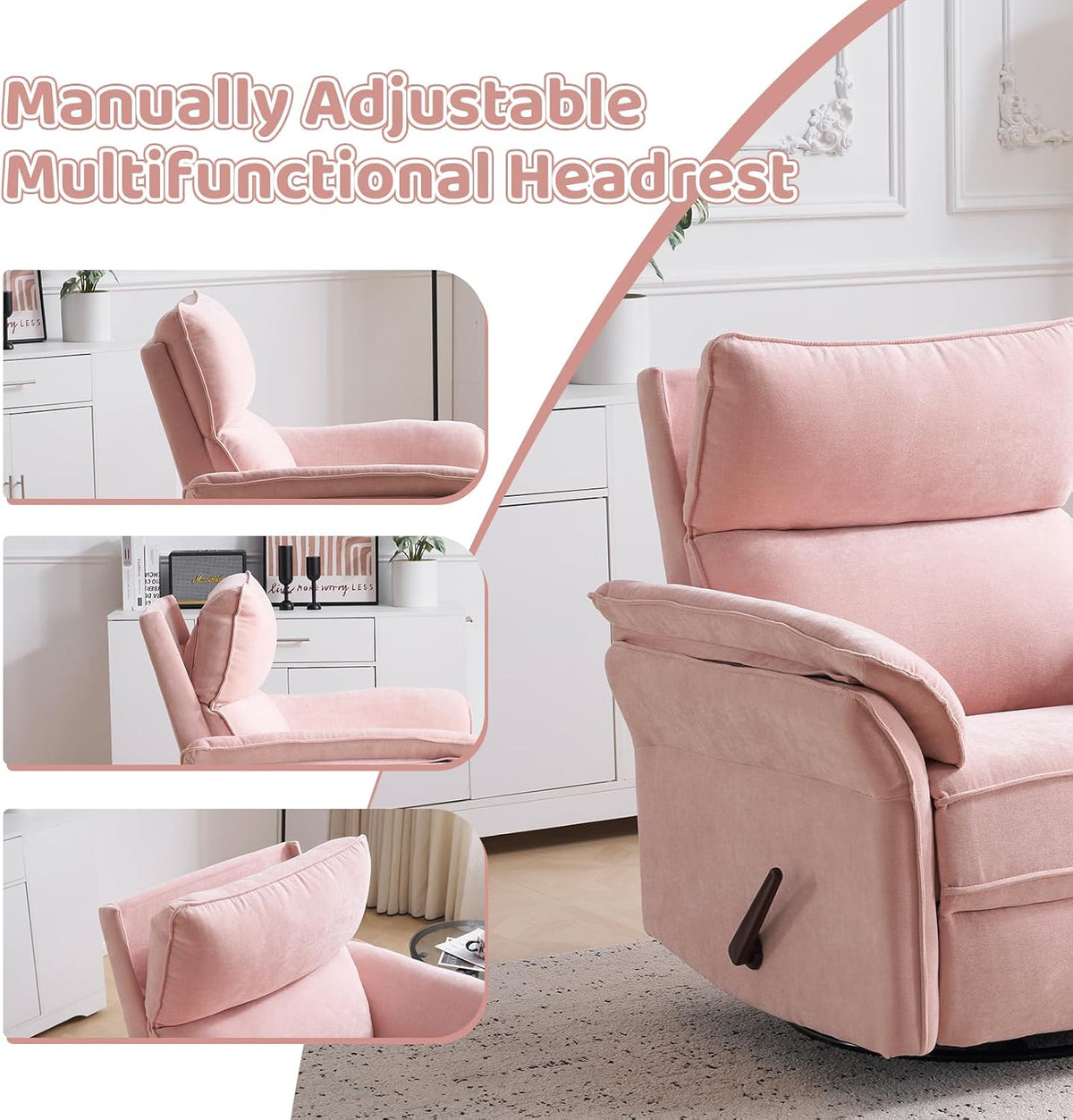 Oversized Swivel Rocker Recliner with Adjustable Headrest, Rocking Chair Nursery with Overstuffed Armrest, Manual Rocker Recliner Nursery Chair for Living Room, White