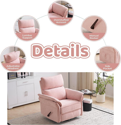 Oversized Swivel Rocker Recliner with Adjustable Headrest, Rocking Chair Nursery with Overstuffed Armrest, Manual Rocker Recliner Nursery Chair for Living Room, White