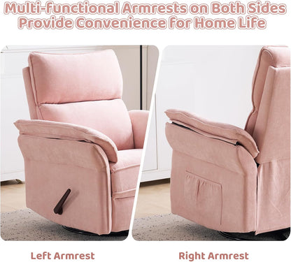 Oversized Swivel Rocker Recliner with Adjustable Headrest, Rocking Chair Nursery with Overstuffed Armrest, Manual Rocker Recliner Nursery Chair for Living Room, White