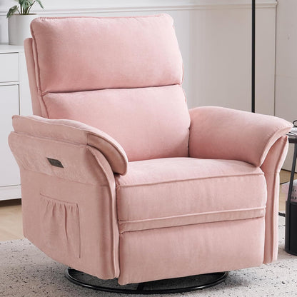 Oversized Swivel Rocker Recliner with Adjustable Headrest, Rocking Chair Nursery with Overstuffed Armrest, Manual Rocker Recliner Nursery Chair for Living Room, White