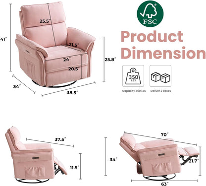 Oversized Swivel Rocker Recliner with Adjustable Headrest, Rocking Chair Nursery with Overstuffed Armrest, Manual Rocker Recliner Nursery Chair for Living Room, White