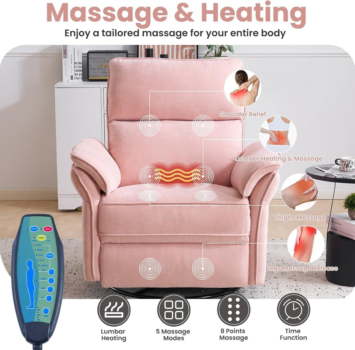 Oversized Swivel Rocker Recliner with Adjustable Headrest, Rocking Chair Nursery with Overstuffed Armrest, Manual Rocker Recliner Nursery Chair for Living Room, White