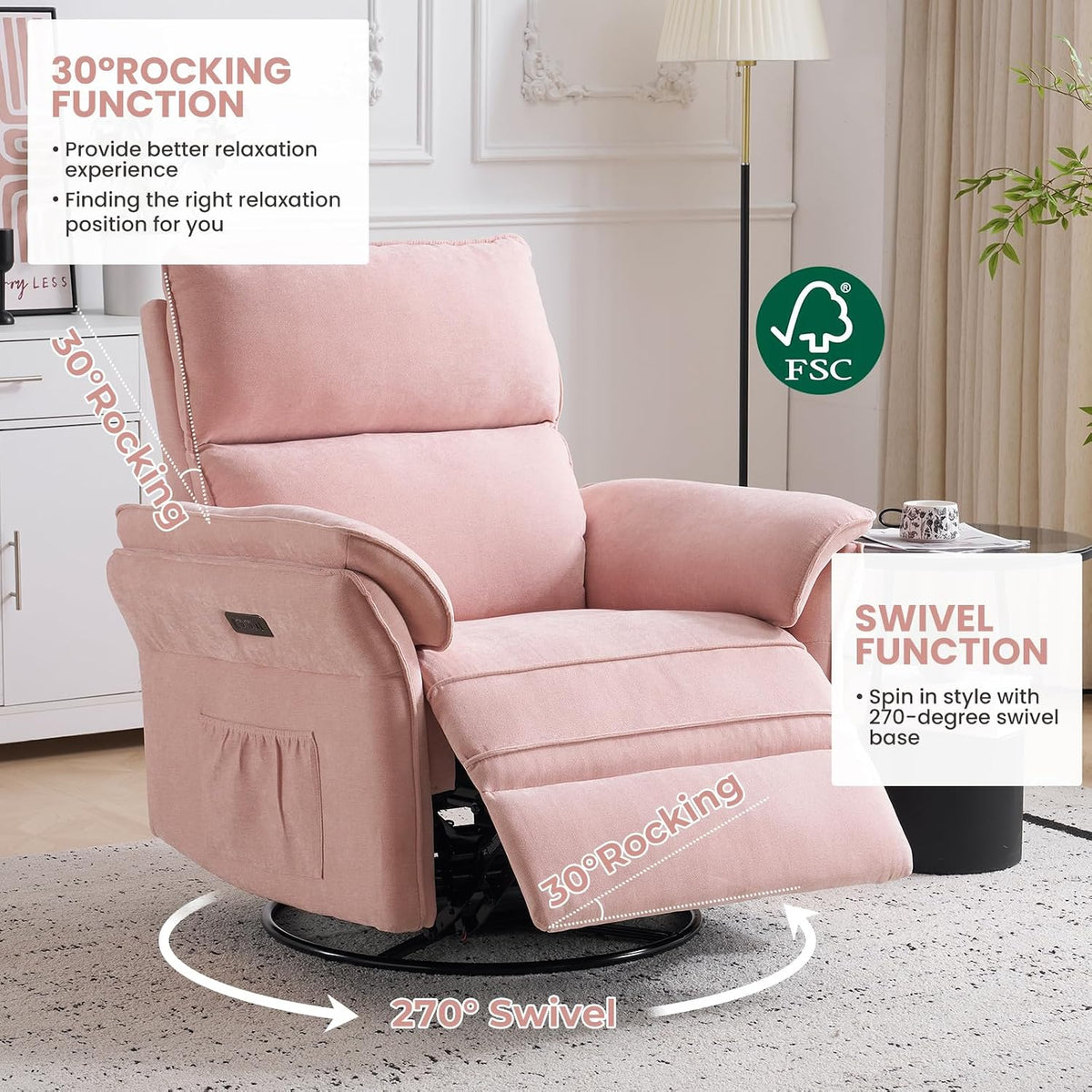 Oversized Swivel Rocker Recliner with Adjustable Headrest, Rocking Chair Nursery with Overstuffed Armrest, Manual Rocker Recliner Nursery Chair for Living Room, White