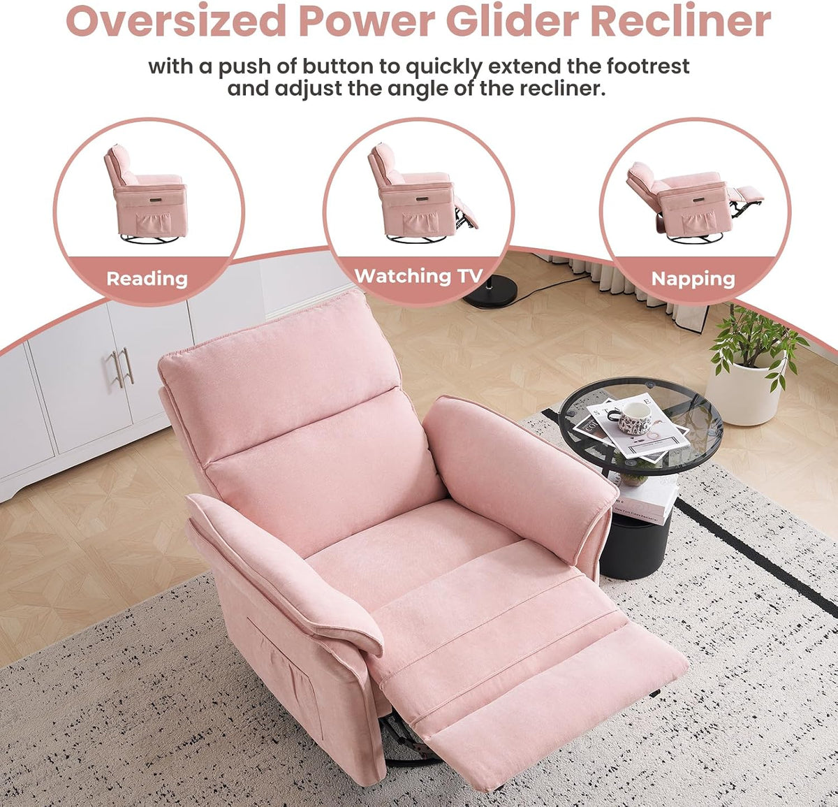 Oversized Swivel Rocker Recliner with Adjustable Headrest, Rocking Chair Nursery with Overstuffed Armrest, Manual Rocker Recliner Nursery Chair for Living Room, White
