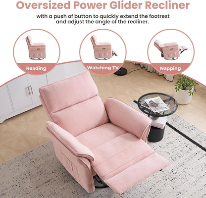 Oversized Swivel Rocker Recliner with Adjustable Headrest, Rocking Chair Nursery with Overstuffed Armrest, Manual Rocker Recliner Nursery Chair for Living Room, White