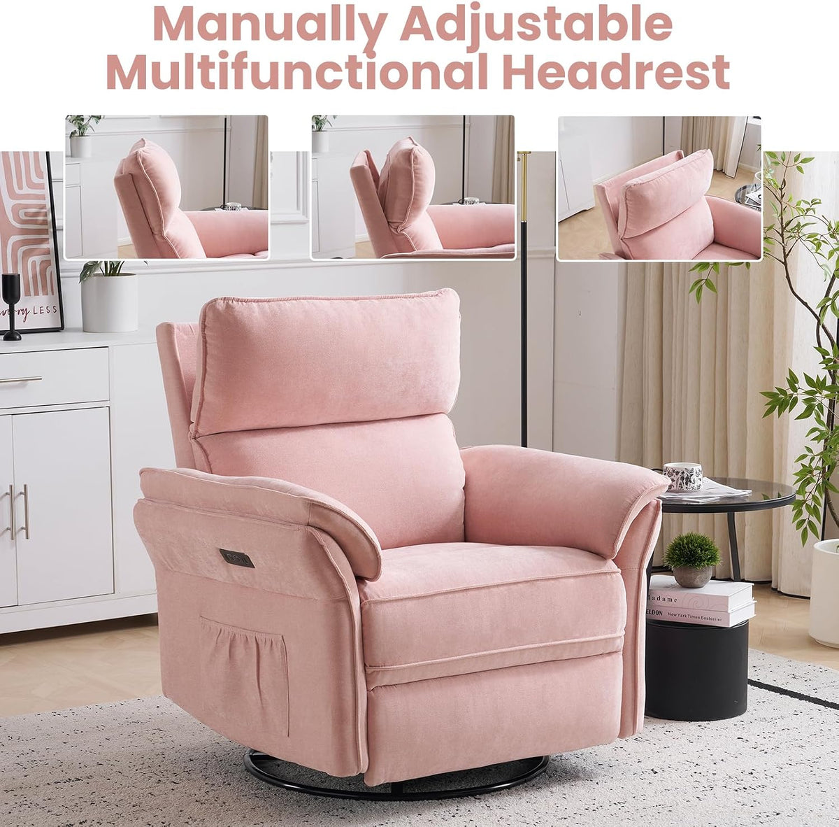 Oversized Swivel Rocker Recliner with Adjustable Headrest, Rocking Chair Nursery with Overstuffed Armrest, Manual Rocker Recliner Nursery Chair for Living Room, White