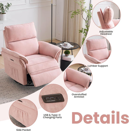 Oversized Swivel Rocker Recliner with Adjustable Headrest, Rocking Chair Nursery with Overstuffed Armrest, Manual Rocker Recliner Nursery Chair for Living Room, White