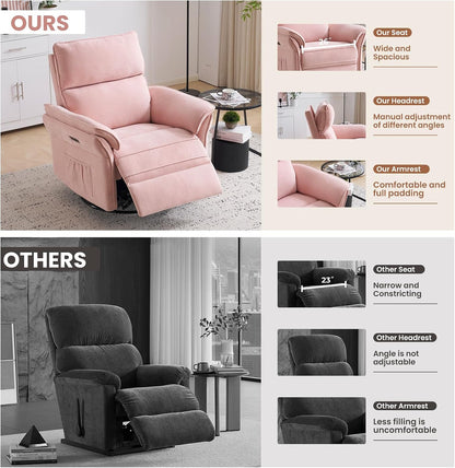 Oversized Swivel Rocker Recliner with Adjustable Headrest, Rocking Chair Nursery with Overstuffed Armrest, Manual Rocker Recliner Nursery Chair for Living Room, White
