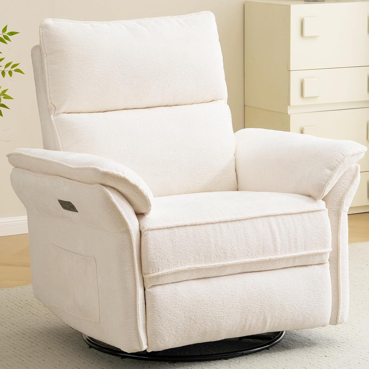 Oversized Swivel Rocker Recliner with Adjustable Headrest, Rocking Chair Nursery with Overstuffed Armrest, Manual Rocker Recliner Nursery Chair for Living Room, White