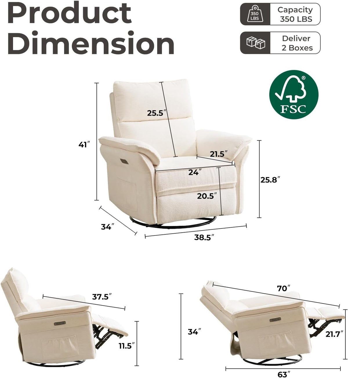 Oversized Swivel Rocker Recliner with Adjustable Headrest, Rocking Chair Nursery with Overstuffed Armrest, Manual Rocker Recliner Nursery Chair for Living Room, White