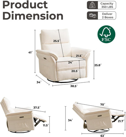 Oversized Swivel Rocker Recliner with Adjustable Headrest, Rocking Chair Nursery with Overstuffed Armrest, Manual Rocker Recliner Nursery Chair for Living Room, White