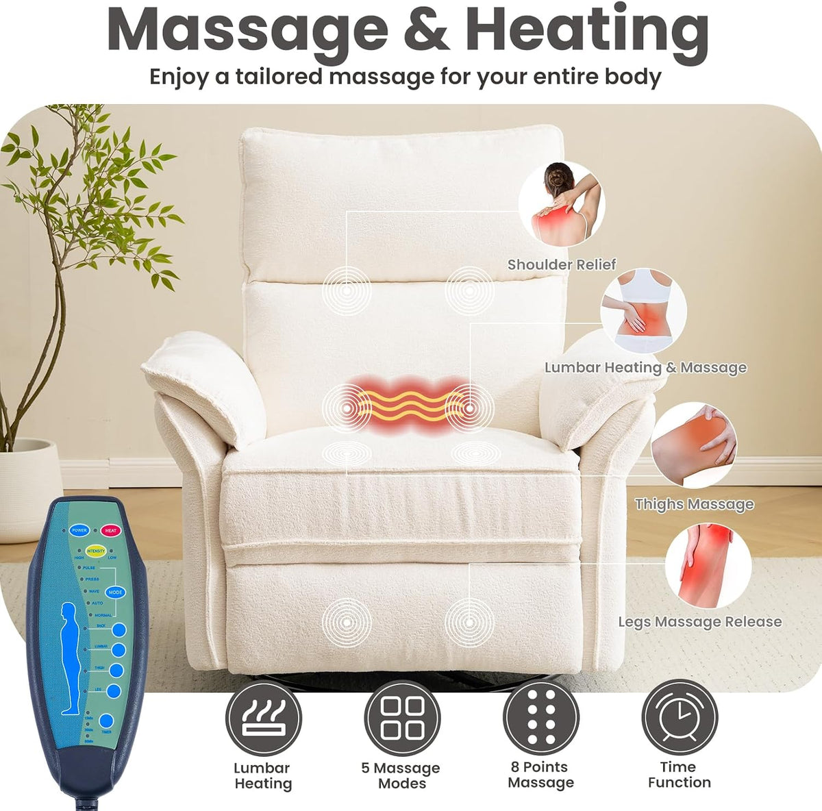 Oversized Swivel Rocker Recliner with Adjustable Headrest, Rocking Chair Nursery with Overstuffed Armrest, Manual Rocker Recliner Nursery Chair for Living Room, White