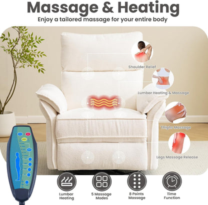 Oversized Swivel Rocker Recliner with Adjustable Headrest, Rocking Chair Nursery with Overstuffed Armrest, Manual Rocker Recliner Nursery Chair for Living Room, White