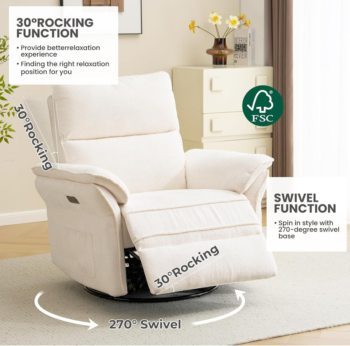 Oversized Swivel Rocker Recliner with Adjustable Headrest, Rocking Chair Nursery with Overstuffed Armrest, Manual Rocker Recliner Nursery Chair for Living Room, White