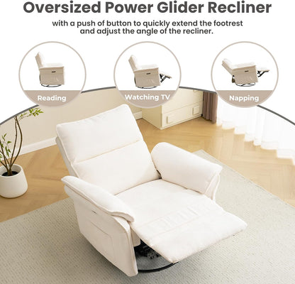 Oversized Swivel Rocker Recliner with Adjustable Headrest, Rocking Chair Nursery with Overstuffed Armrest, Manual Rocker Recliner Nursery Chair for Living Room, White