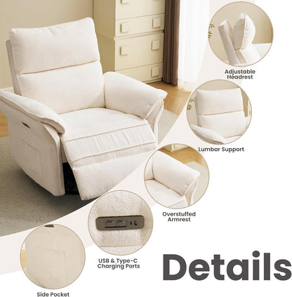Oversized Swivel Rocker Recliner with Adjustable Headrest, Rocking Chair Nursery with Overstuffed Armrest, Manual Rocker Recliner Nursery Chair for Living Room, White