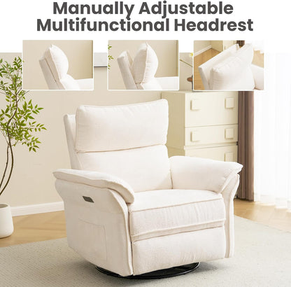 Oversized Swivel Rocker Recliner with Adjustable Headrest, Rocking Chair Nursery with Overstuffed Armrest, Manual Rocker Recliner Nursery Chair for Living Room, White