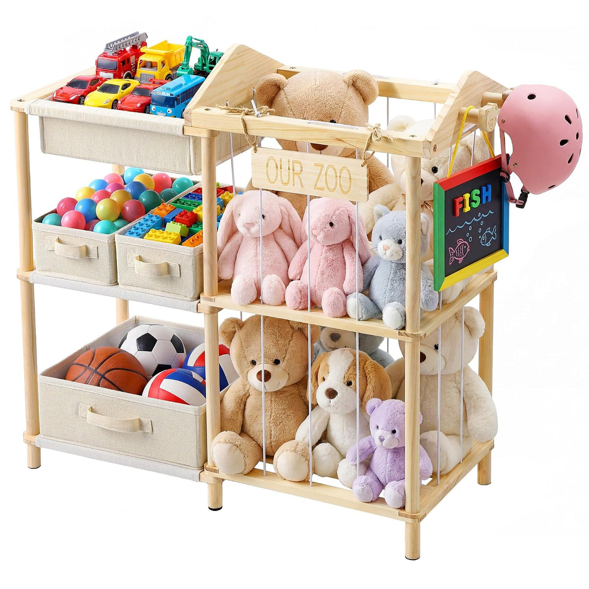 Organizers and Storage Shelf with 4 Bins - Stuffed Animal Zoo Holder with 2 Hooks - Large Capacity Playroom Organization - Plush Storage for Living Room