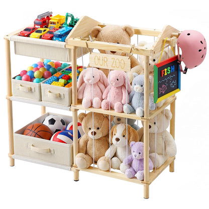 Organizers and Storage Shelf with 4 Bins - Stuffed Animal Zoo Holder with 2 Hooks - Large Capacity Playroom Organization - Plush Storage for Living Room