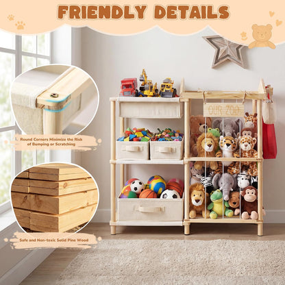 Organizers and Storage Shelf with 4 Bins - Stuffed Animal Zoo Holder with 2 Hooks - Large Capacity Playroom Organization - Plush Storage for Living Room