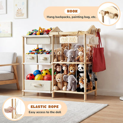 Organizers and Storage Shelf with 4 Bins - Stuffed Animal Zoo Holder with 2 Hooks - Large Capacity Playroom Organization - Plush Storage for Living Room