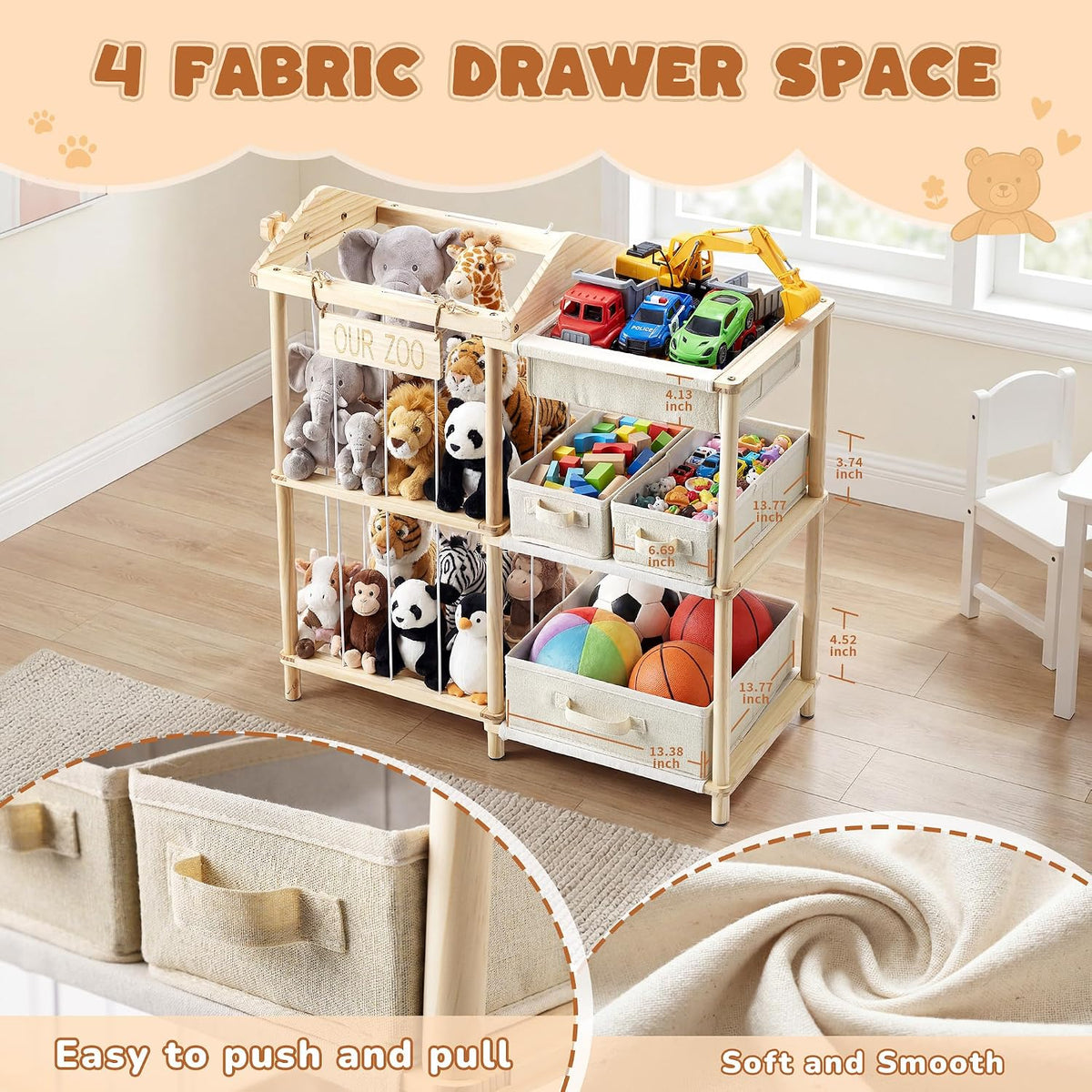Organizers and Storage Shelf with 4 Bins - Stuffed Animal Zoo Holder with 2 Hooks - Large Capacity Playroom Organization - Plush Storage for Living Room