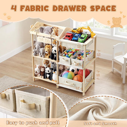 Organizers and Storage Shelf with 4 Bins - Stuffed Animal Zoo Holder with 2 Hooks - Large Capacity Playroom Organization - Plush Storage for Living Room