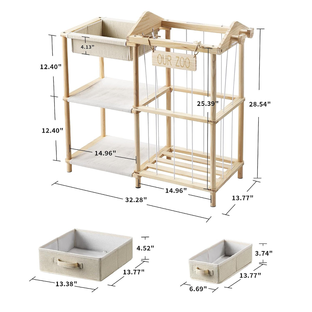 Organizers and Storage Shelf with 4 Bins - Stuffed Animal Zoo Holder with 2 Hooks - Large Capacity Playroom Organization - Plush Storage for Living Room