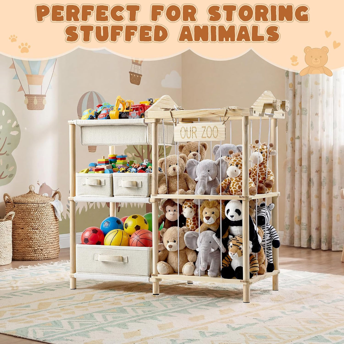Organizers and Storage Shelf with 4 Bins - Stuffed Animal Zoo Holder with 2 Hooks - Large Capacity Playroom Organization - Plush Storage for Living Room
