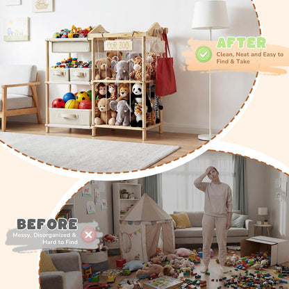 Organizers and Storage Shelf with 4 Bins - Stuffed Animal Zoo Holder with 2 Hooks - Large Capacity Playroom Organization - Plush Storage for Living Room