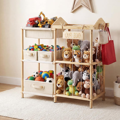 Organizers and Storage Shelf with 4 Bins - Stuffed Animal Zoo Holder with 2 Hooks - Large Capacity Playroom Organization - Plush Storage for Living Room