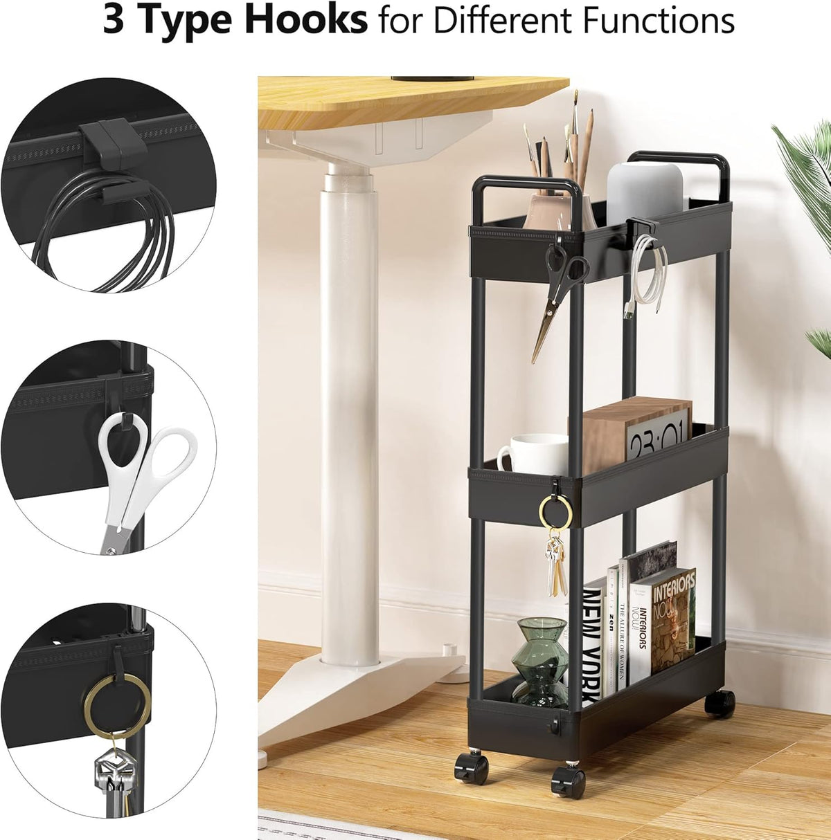 3 Tier Slim Rolling Storage Cart Organizer with Wheels, Gray