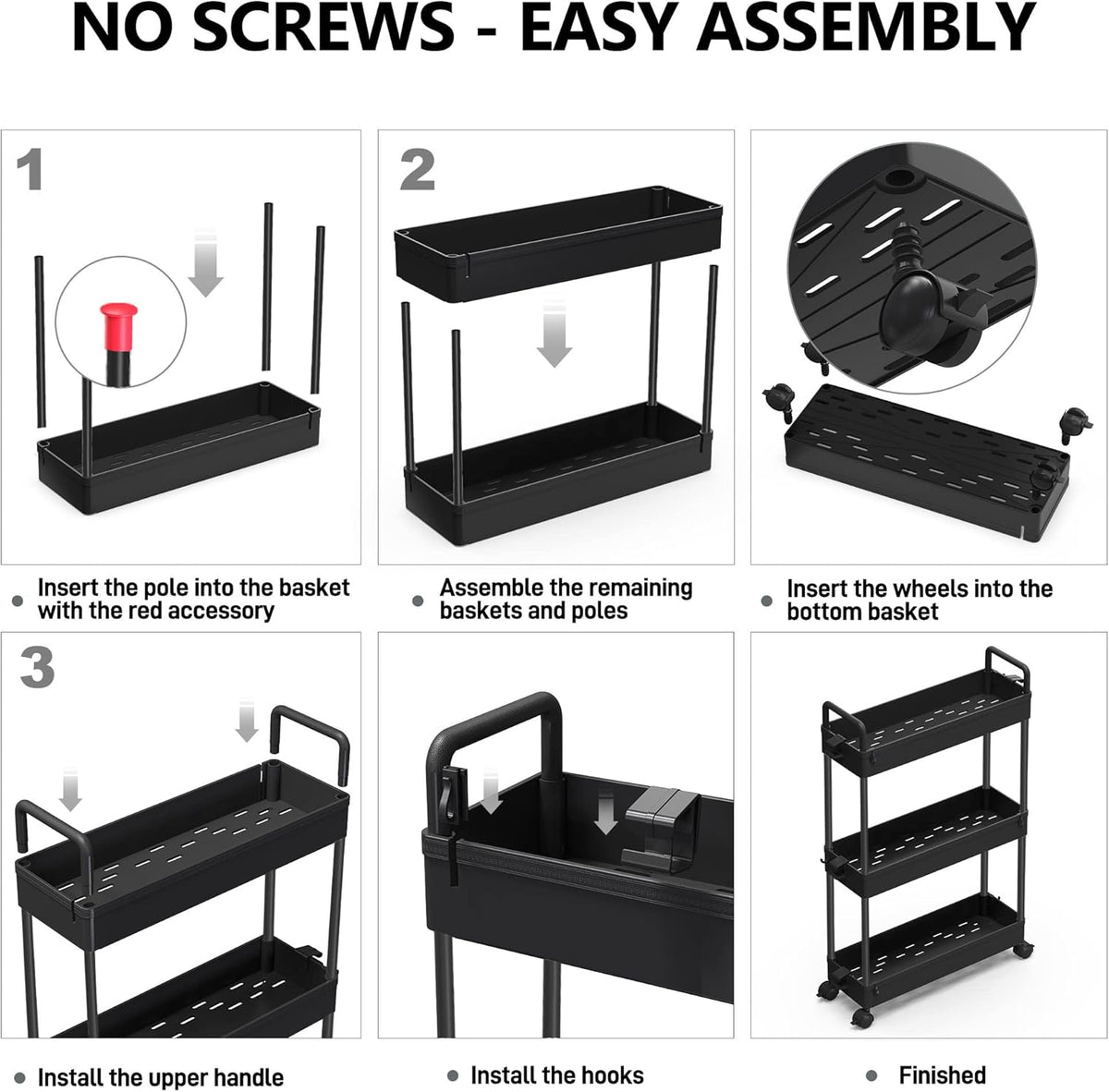 3 Tier Slim Rolling Storage Cart Organizer with Wheels, Gray