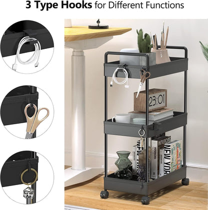 3 Tier Slim Rolling Storage Cart Organizer with Wheels, Gray