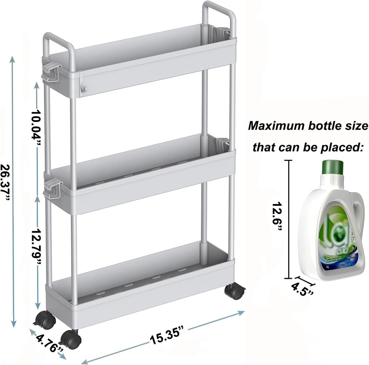 3 Tier Slim Rolling Storage Cart Organizer with Wheels, Gray
