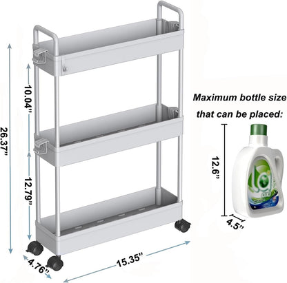 3 Tier Slim Rolling Storage Cart Organizer with Wheels, Gray