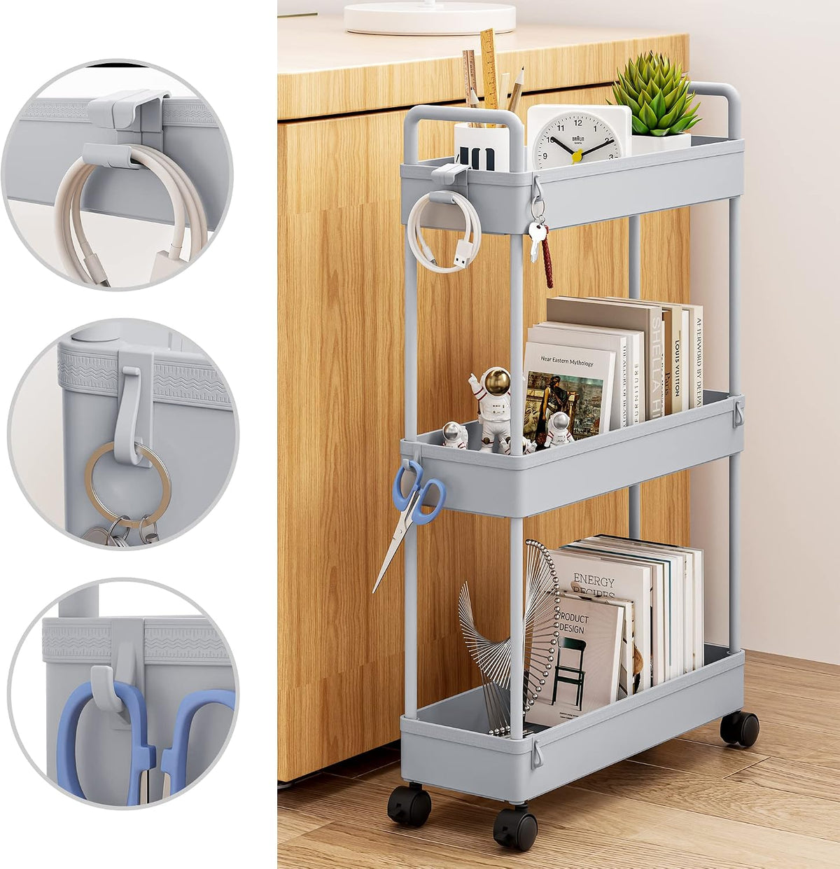 3 Tier Slim Rolling Storage Cart Organizer with Wheels, Gray