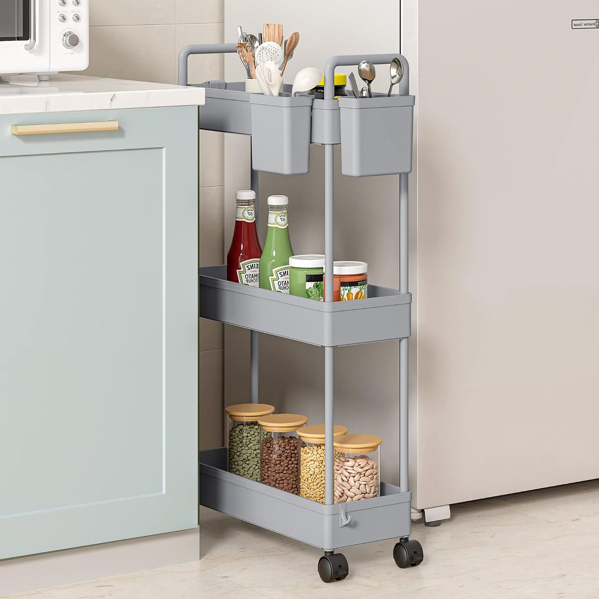 3 Tier Slim Rolling Storage Cart Organizer with Wheels, Gray