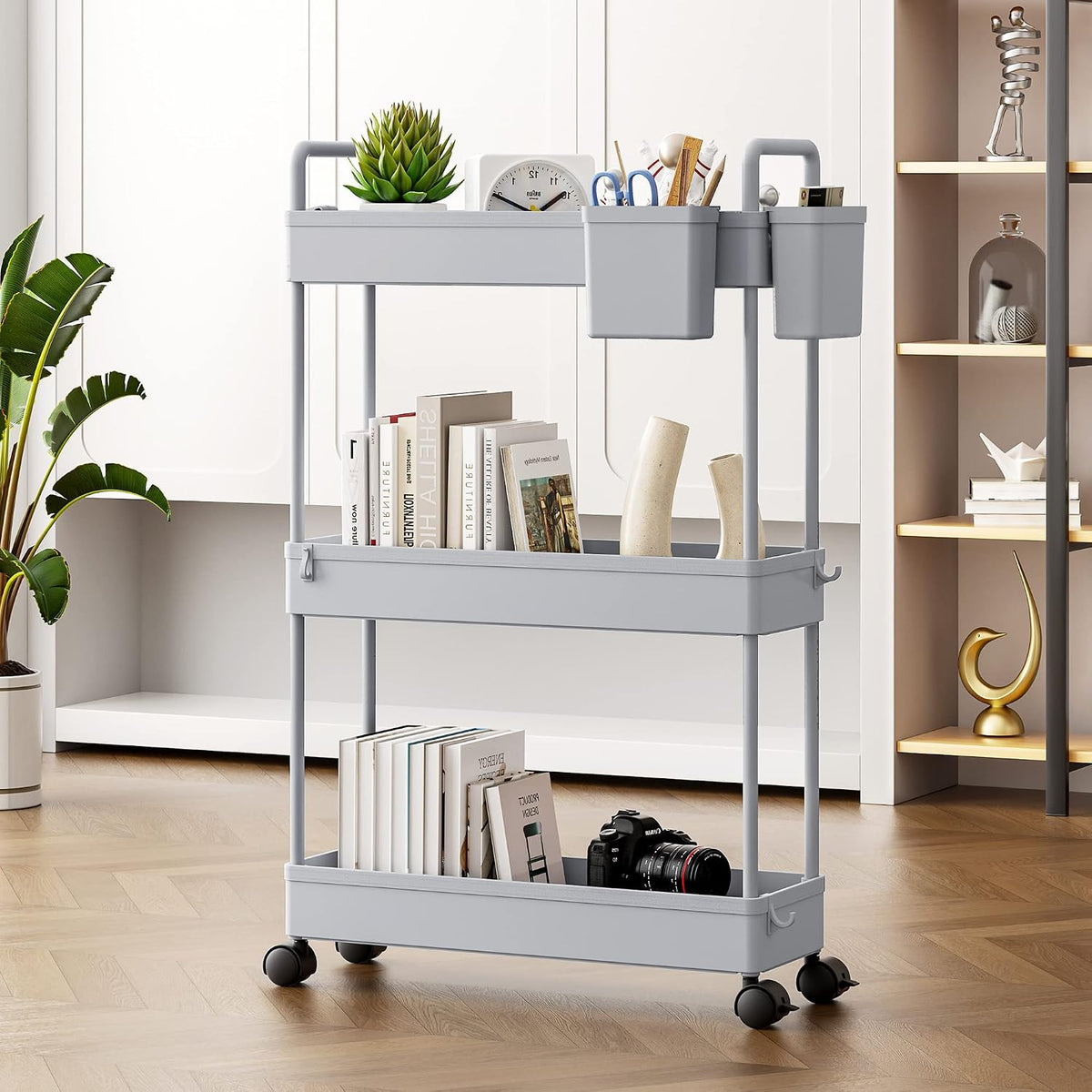 3 Tier Slim Rolling Storage Cart Organizer with Wheels, Gray